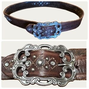 Vintage Distressed BKE Brown Leather Belt with Ornate Silver Buckle 32" -36"